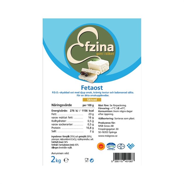Fetaost Grekisk P.D.O. skivad 2 kg